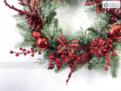 Vòng nguyệt quế 4 loại lá nơ caro đỏ ĐK 55 - 60cm VNGQ-X-42